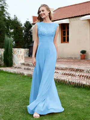 A-Line Chiffon Dress with Illusion Neckline Blue Plus Size