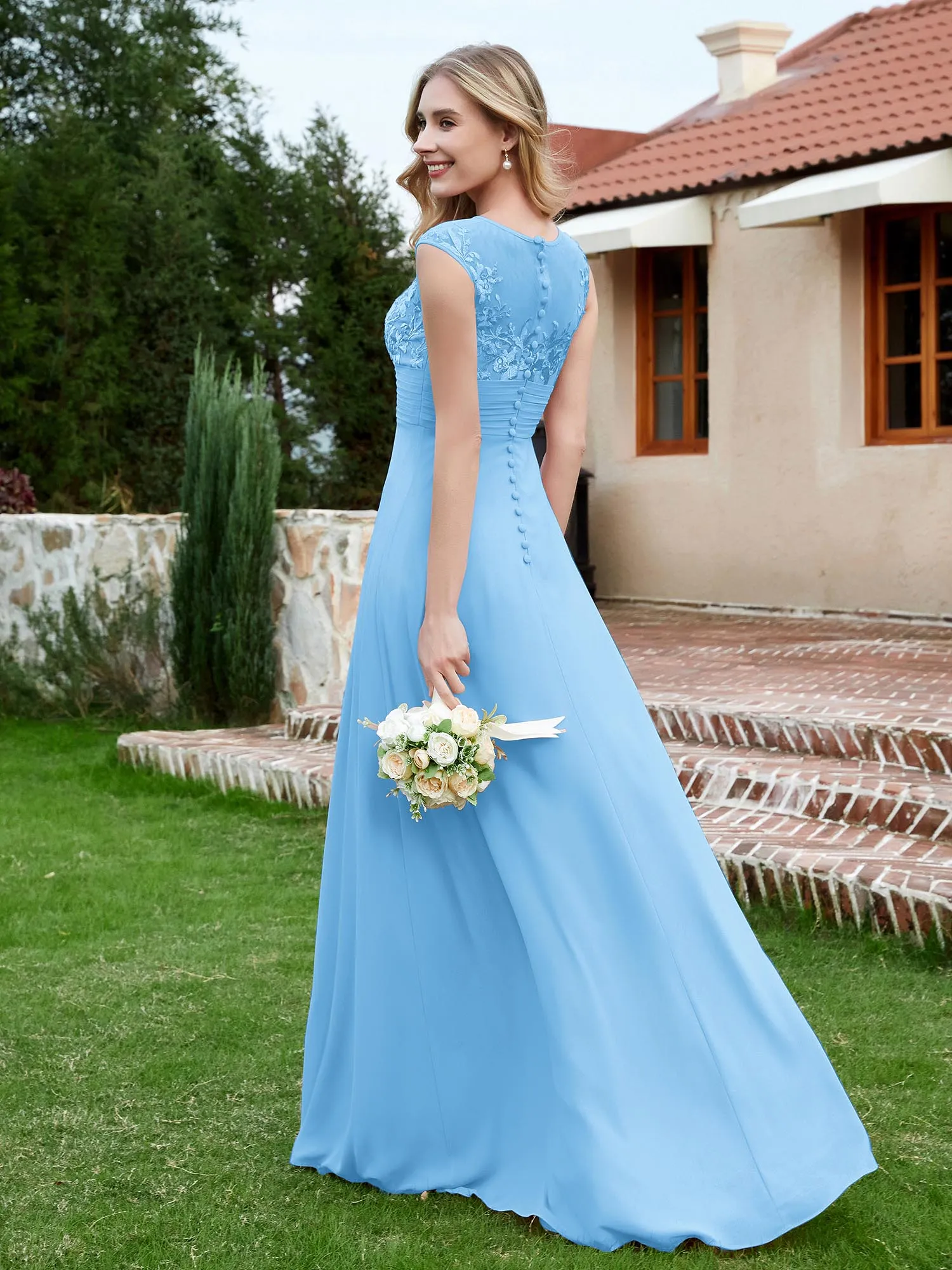 A-Line Chiffon Dress with Illusion Neckline Blue Plus Size