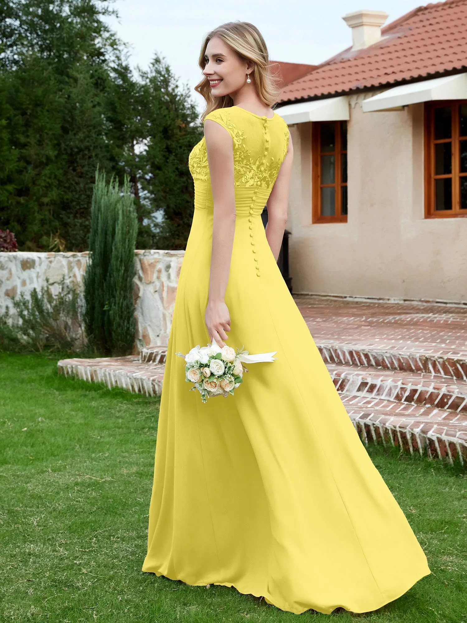 A-Line Chiffon Dress with Illusion Neckline Lemon Plus Size