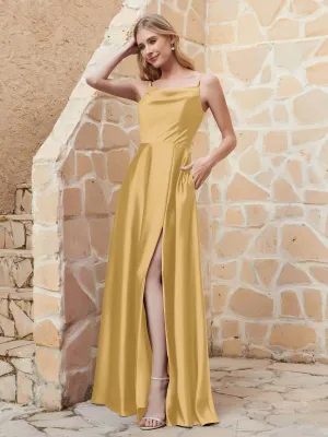 A-line Cowl Neck Satin Dress with Slit Gold Plus Size