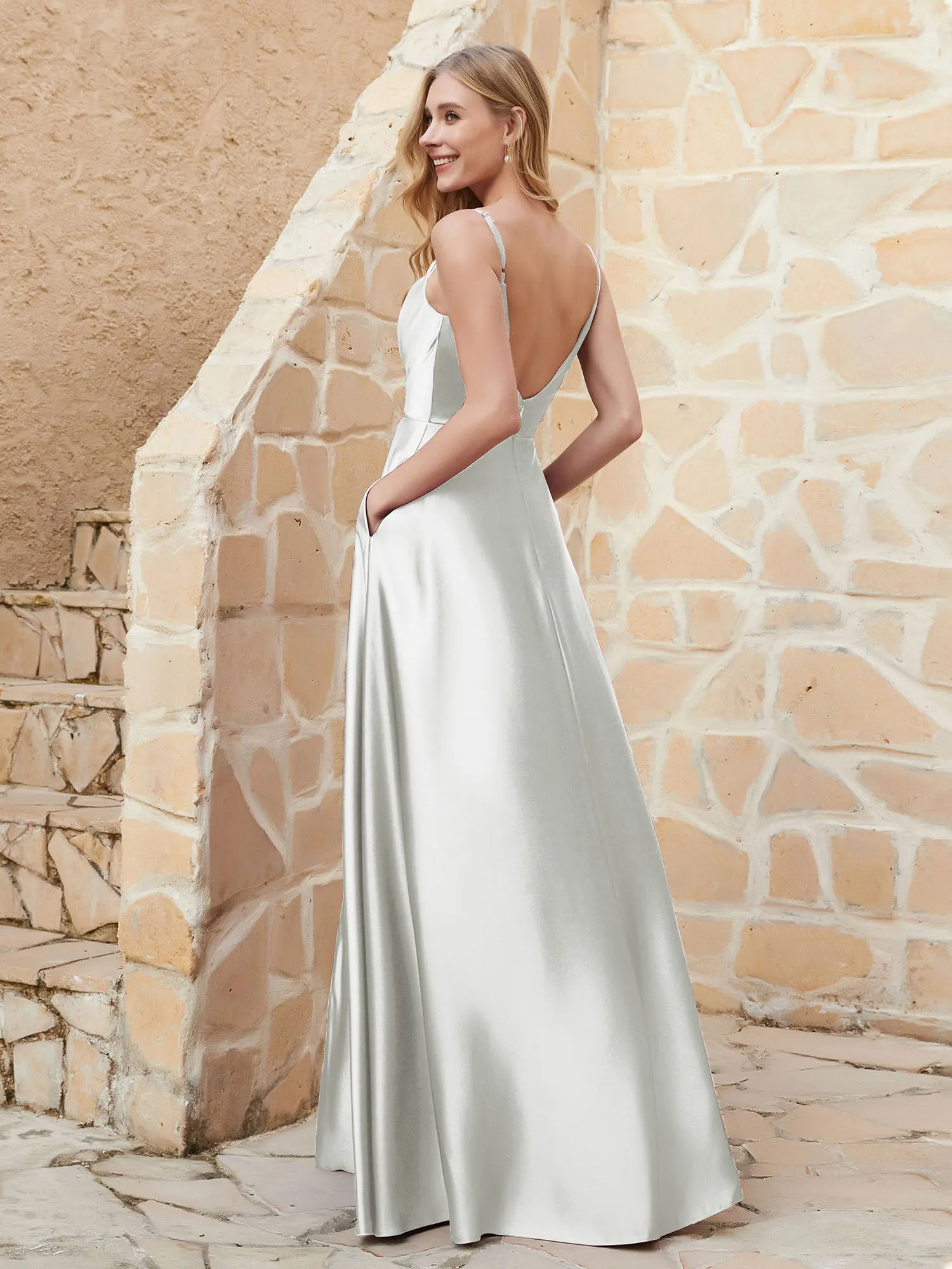A-line Cowl Neck Satin Dress with Slit Silver Plus Size