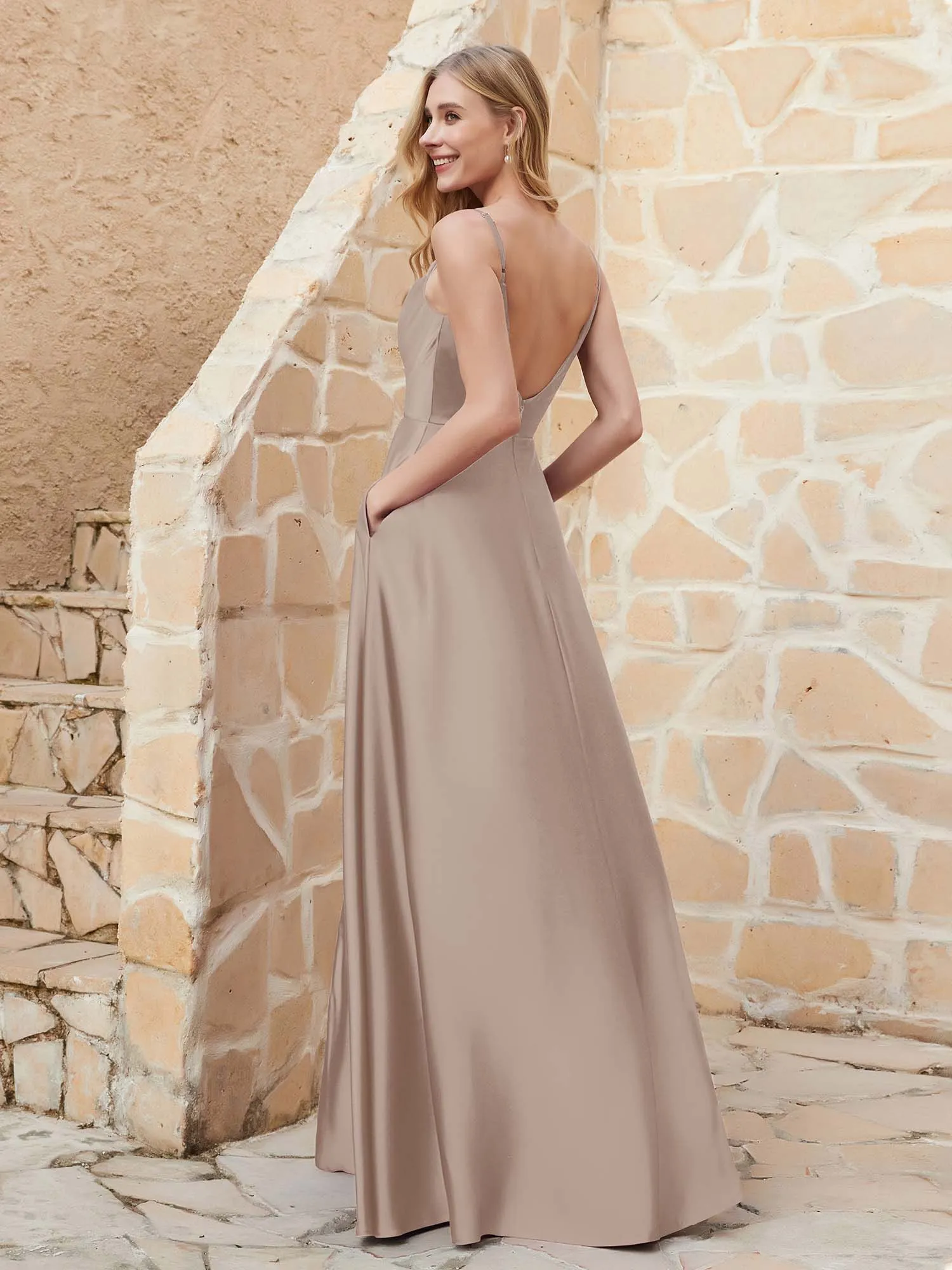 A Line Cowl Neck Satin Dress With Slit Taupe Plus Size