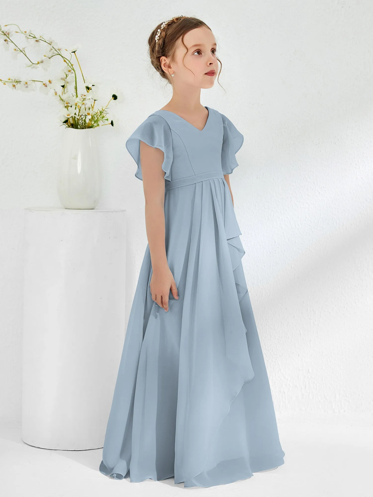 A-line Flutter Sleeves Junior Bridesmaid Dresses Dusty Blue