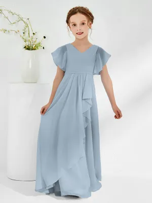 A-line Flutter Sleeves Junior Bridesmaid Dresses Dusty Blue
