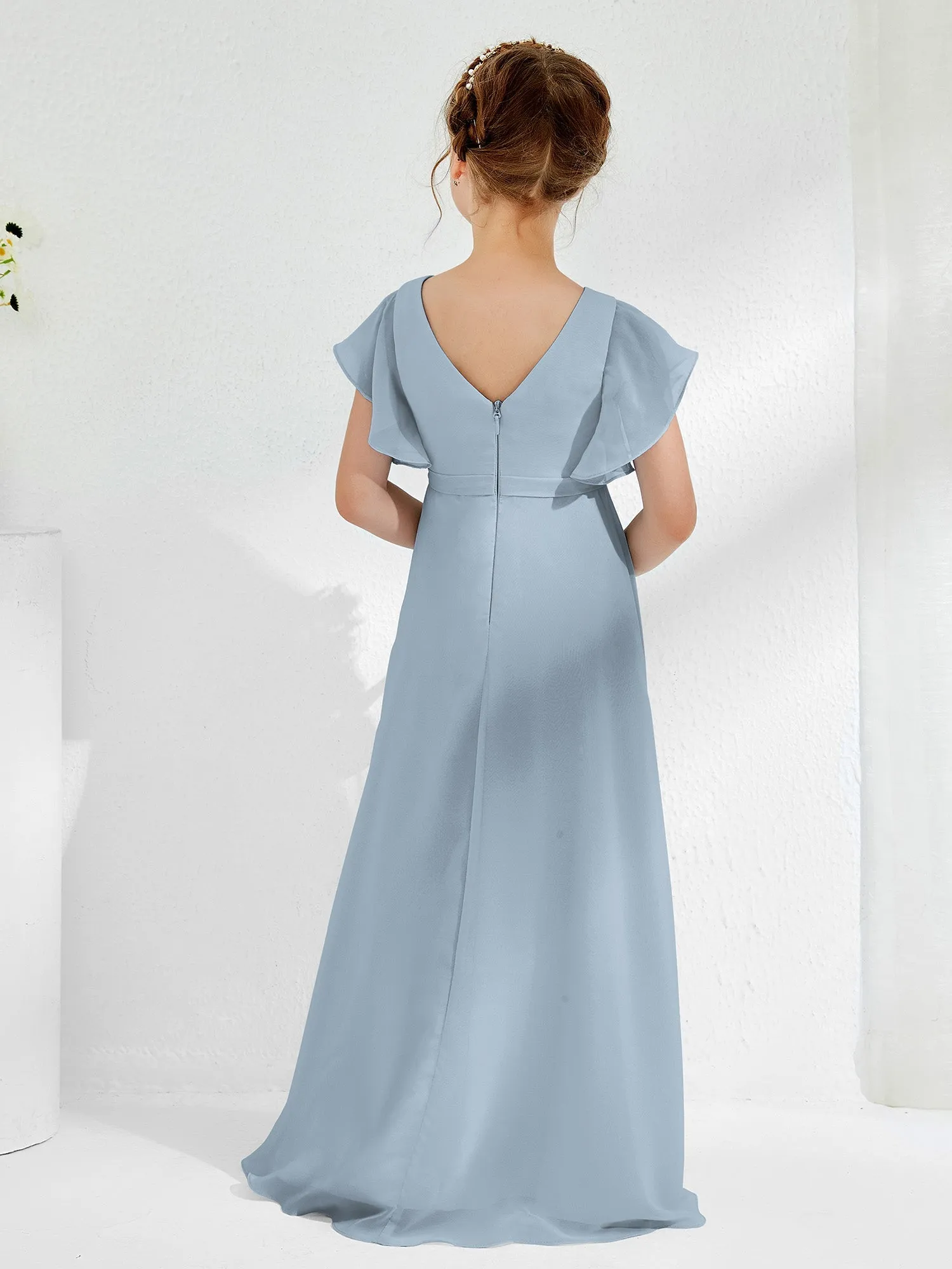 A-line Flutter Sleeves Junior Bridesmaid Dresses Dusty Blue
