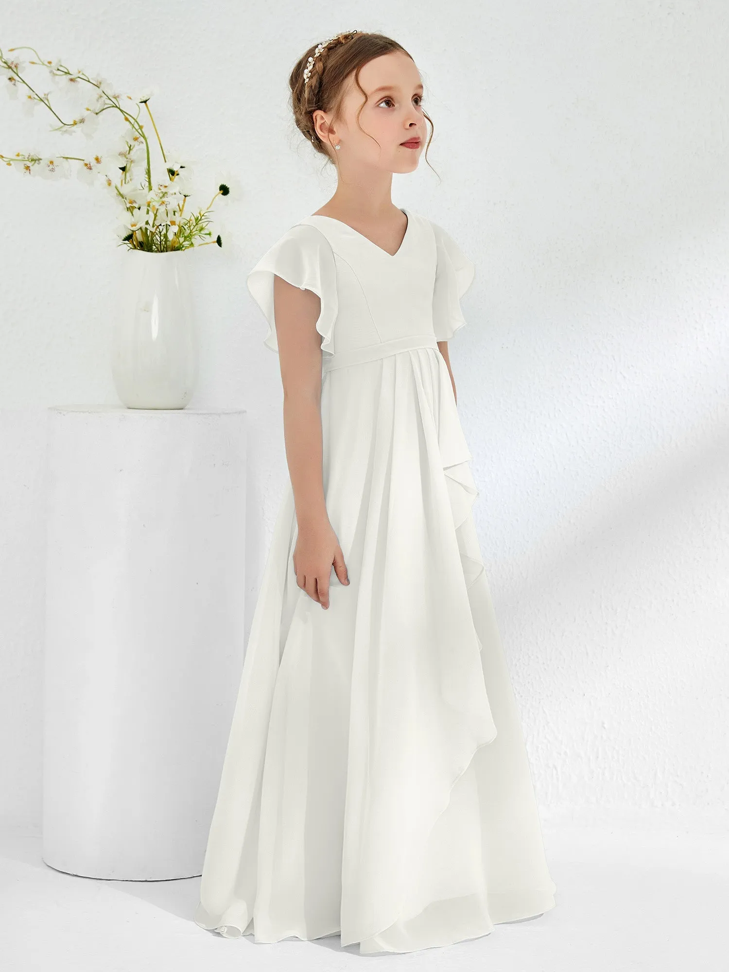 A-line Flutter Sleeves Junior Bridesmaid Dresses Ivory