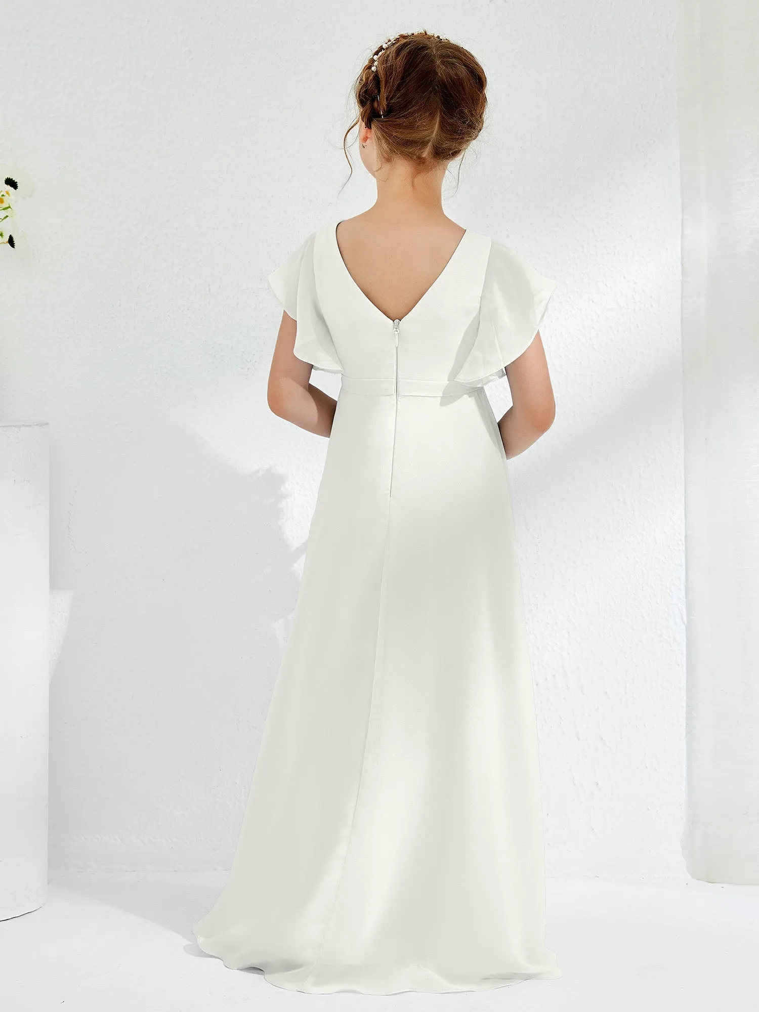 A-line Flutter Sleeves Junior Bridesmaid Dresses Ivory