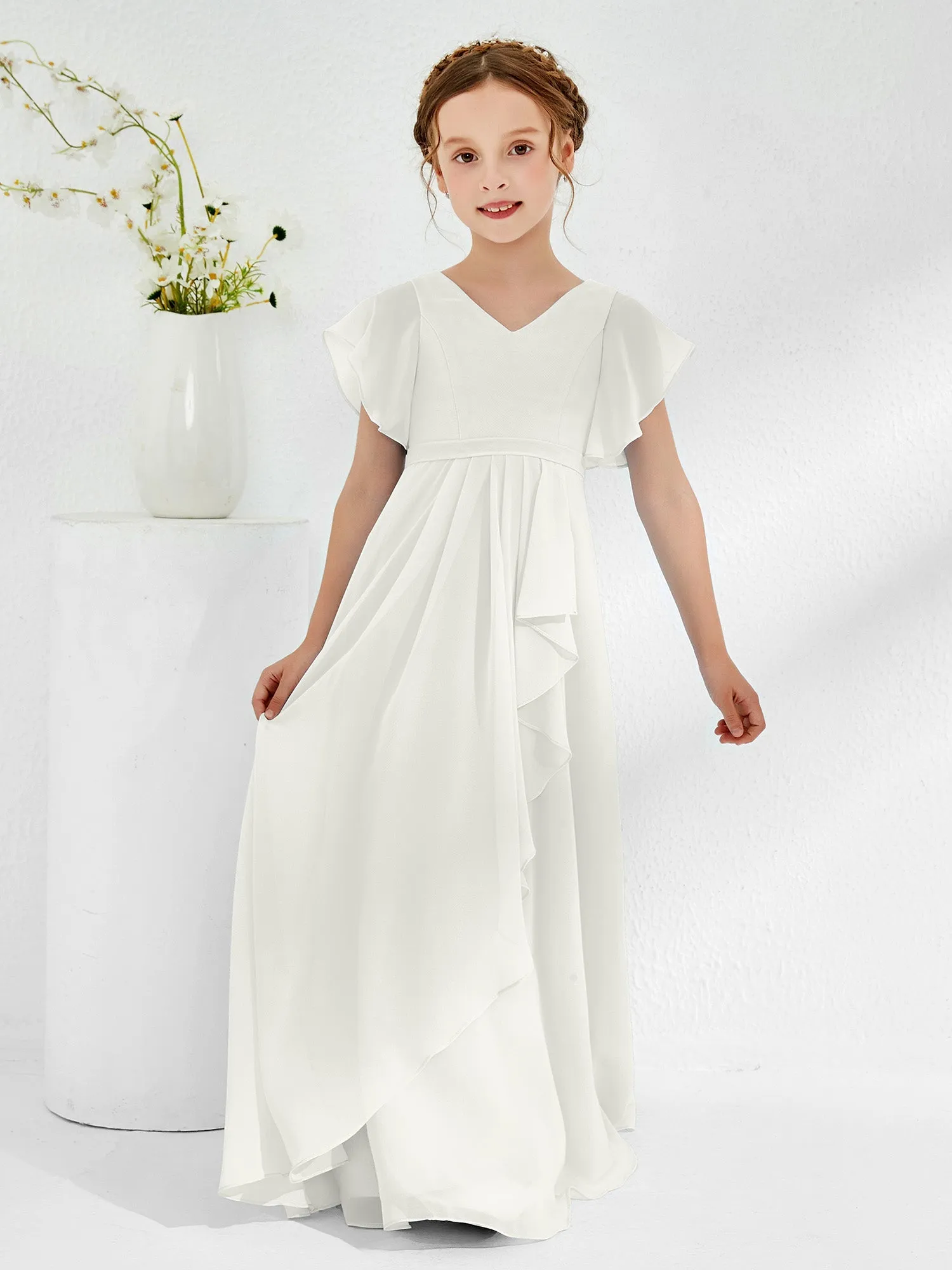 A-line Flutter Sleeves Junior Bridesmaid Dresses Ivory