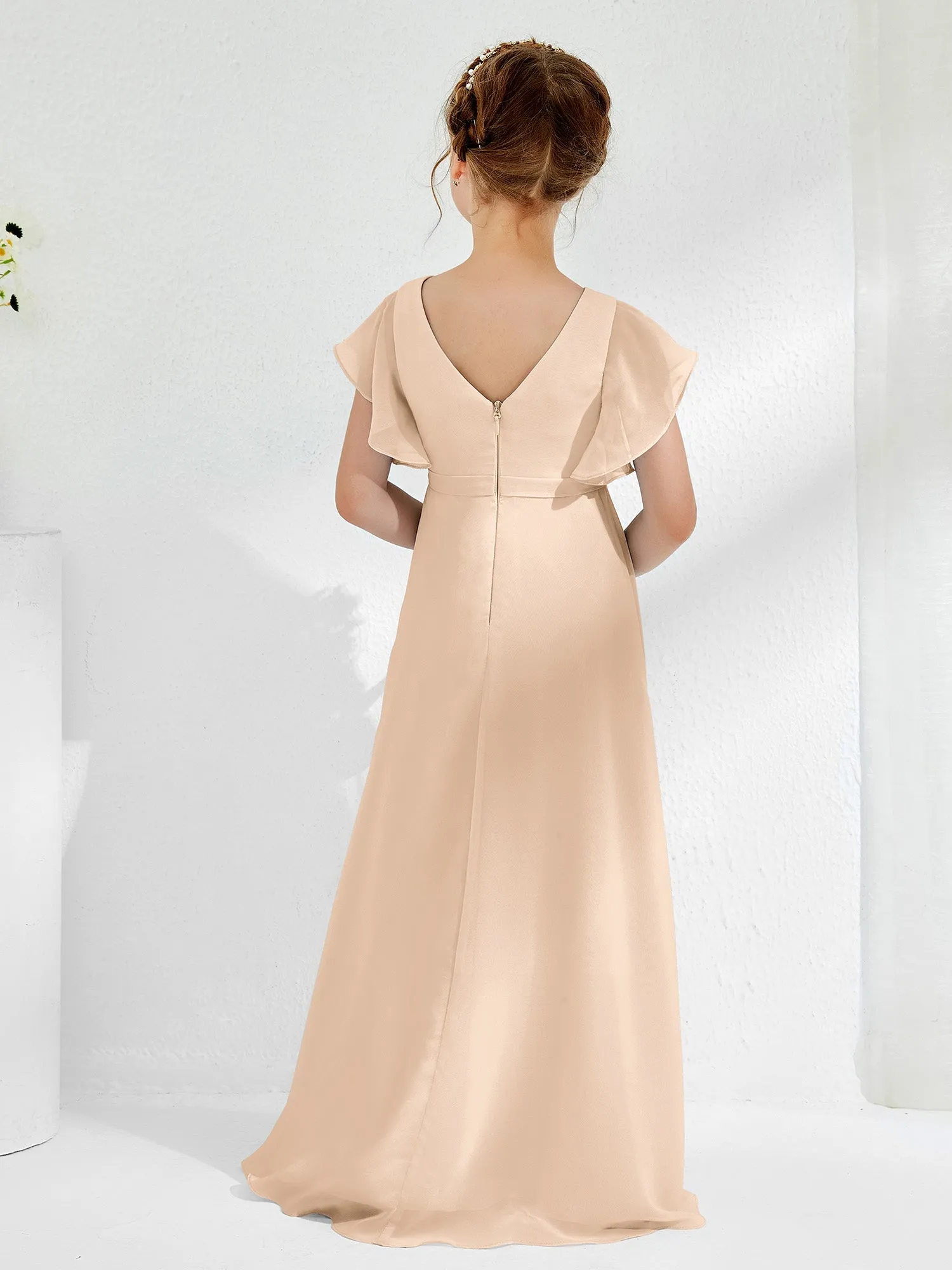 A-line Flutter Sleeves Junior Bridesmaid Dresses Peach