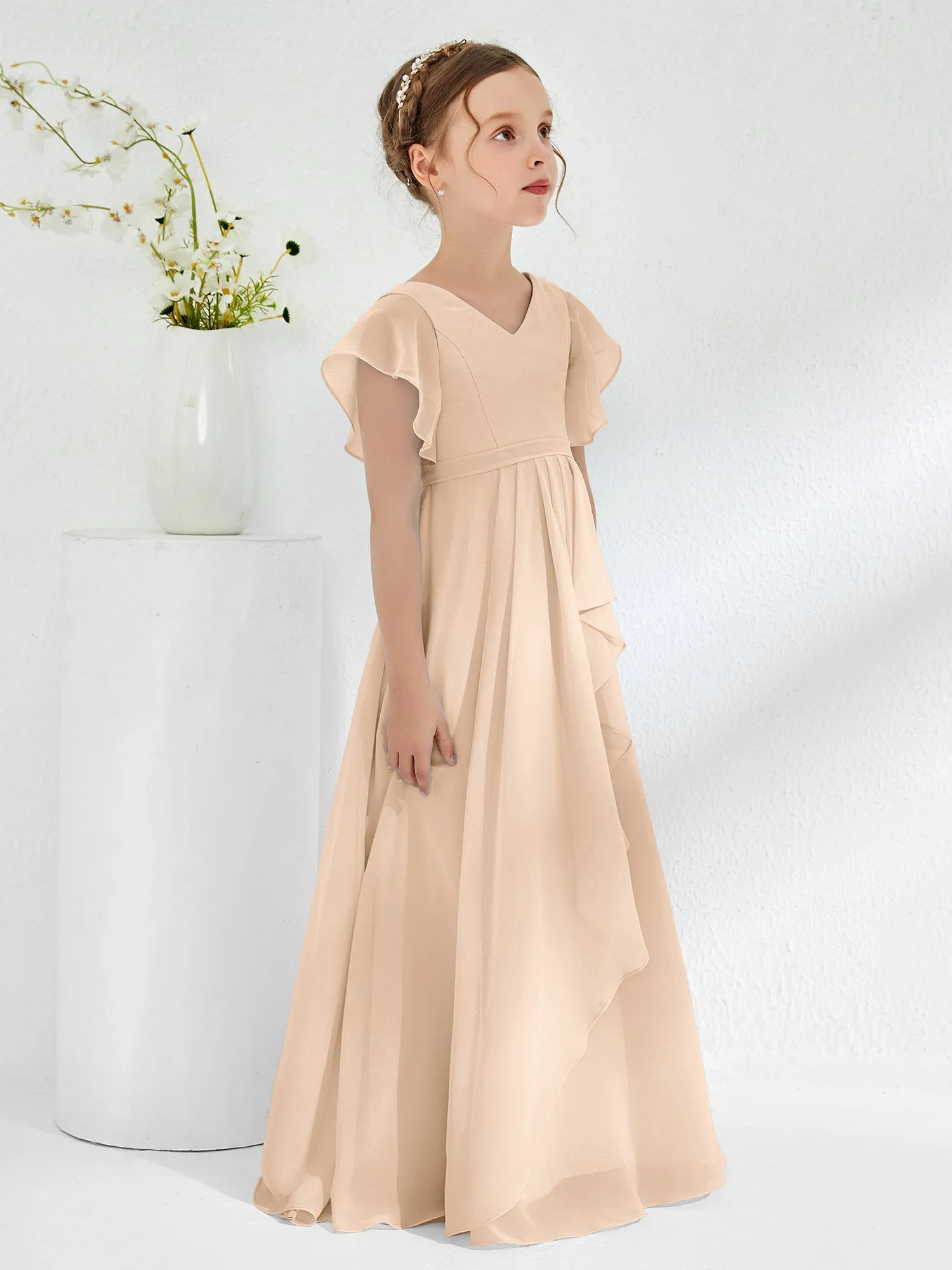 A-line Flutter Sleeves Junior Bridesmaid Dresses Peach