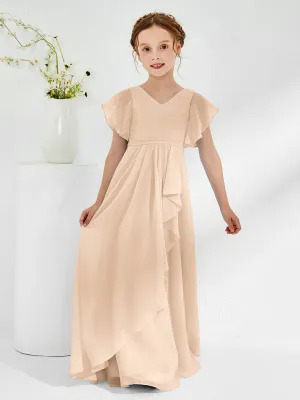 A-line Flutter Sleeves Junior Bridesmaid Dresses Peach