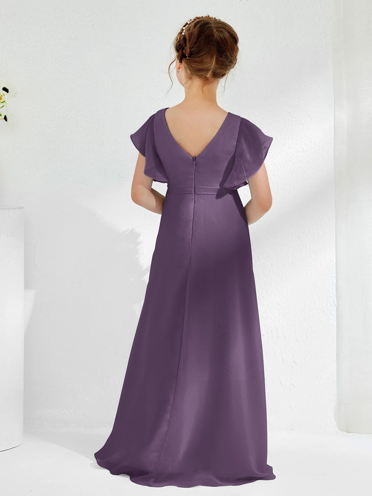 A-line Flutter Sleeves Junior Bridesmaid Dresses Plum