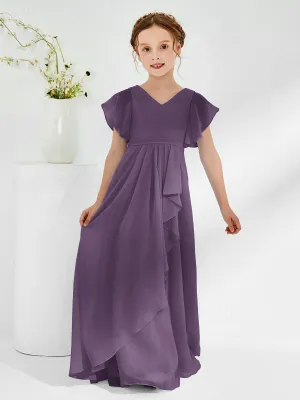 A-line Flutter Sleeves Junior Bridesmaid Dresses Plum