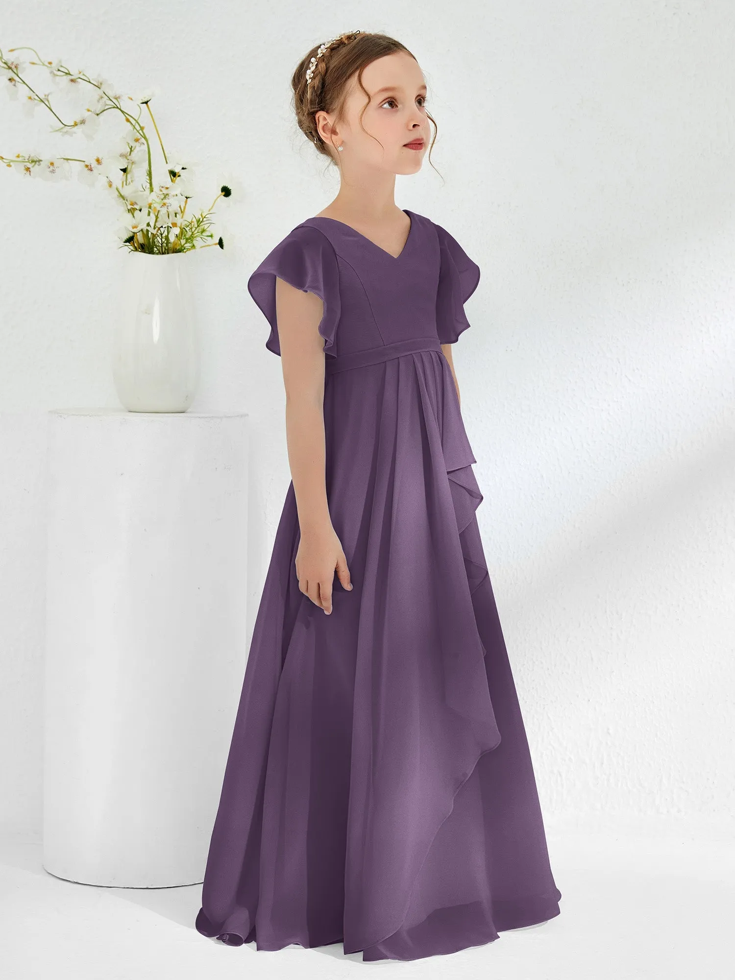 A-line Flutter Sleeves Junior Bridesmaid Dresses Plum