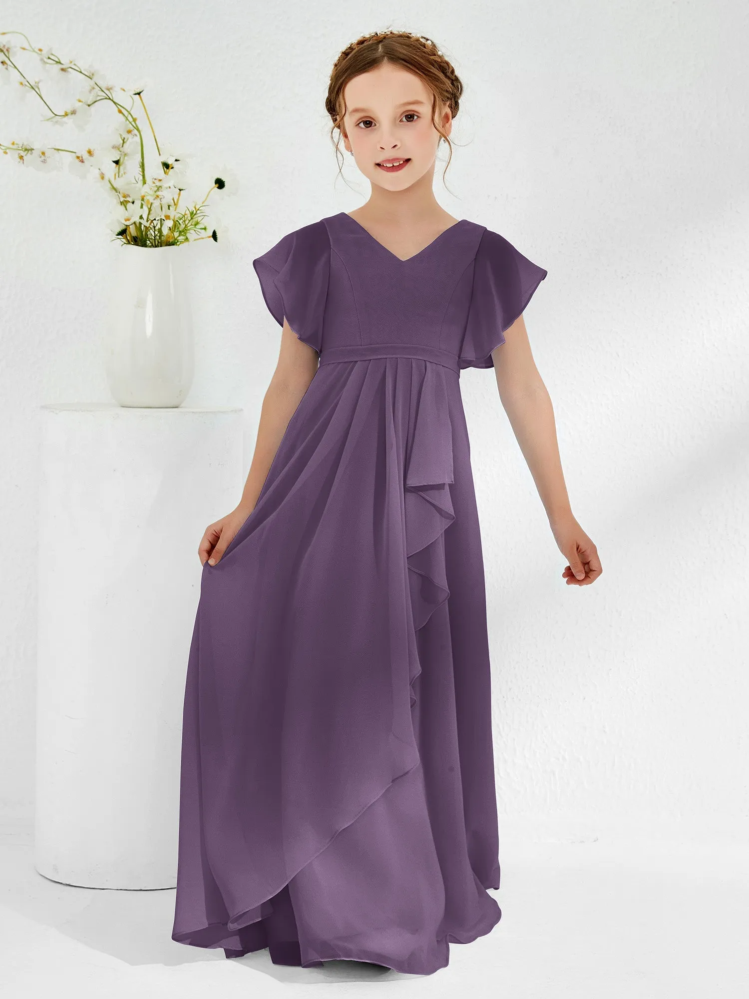 A-line Flutter Sleeves Junior Bridesmaid Dresses Plum