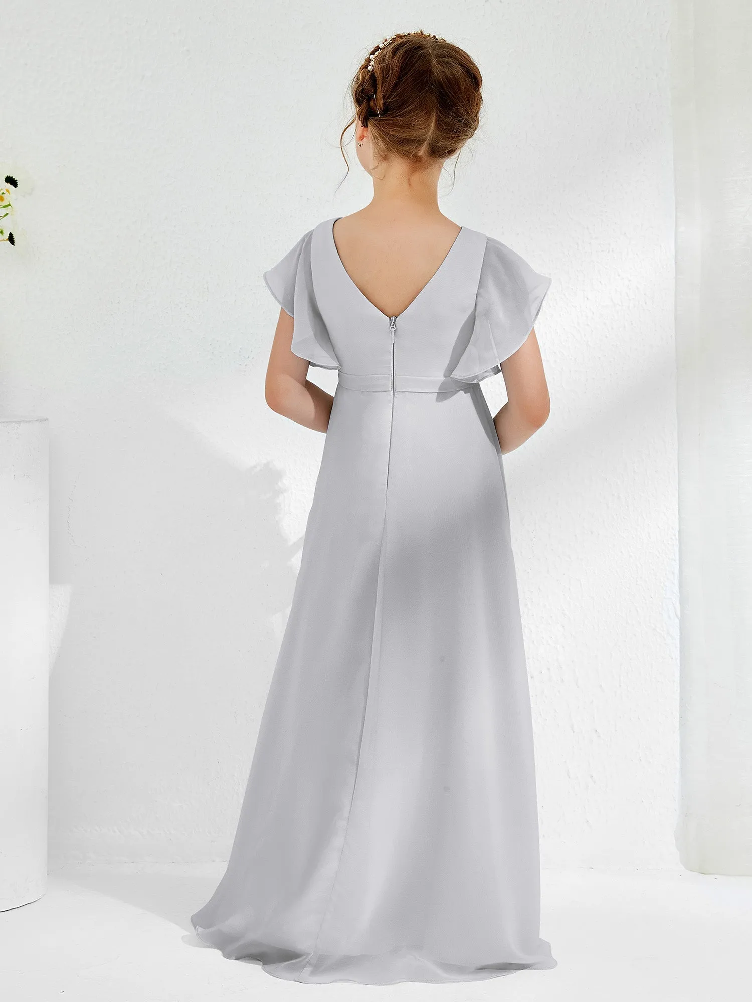 A-line Flutter Sleeves Junior Bridesmaid Dresses Silver