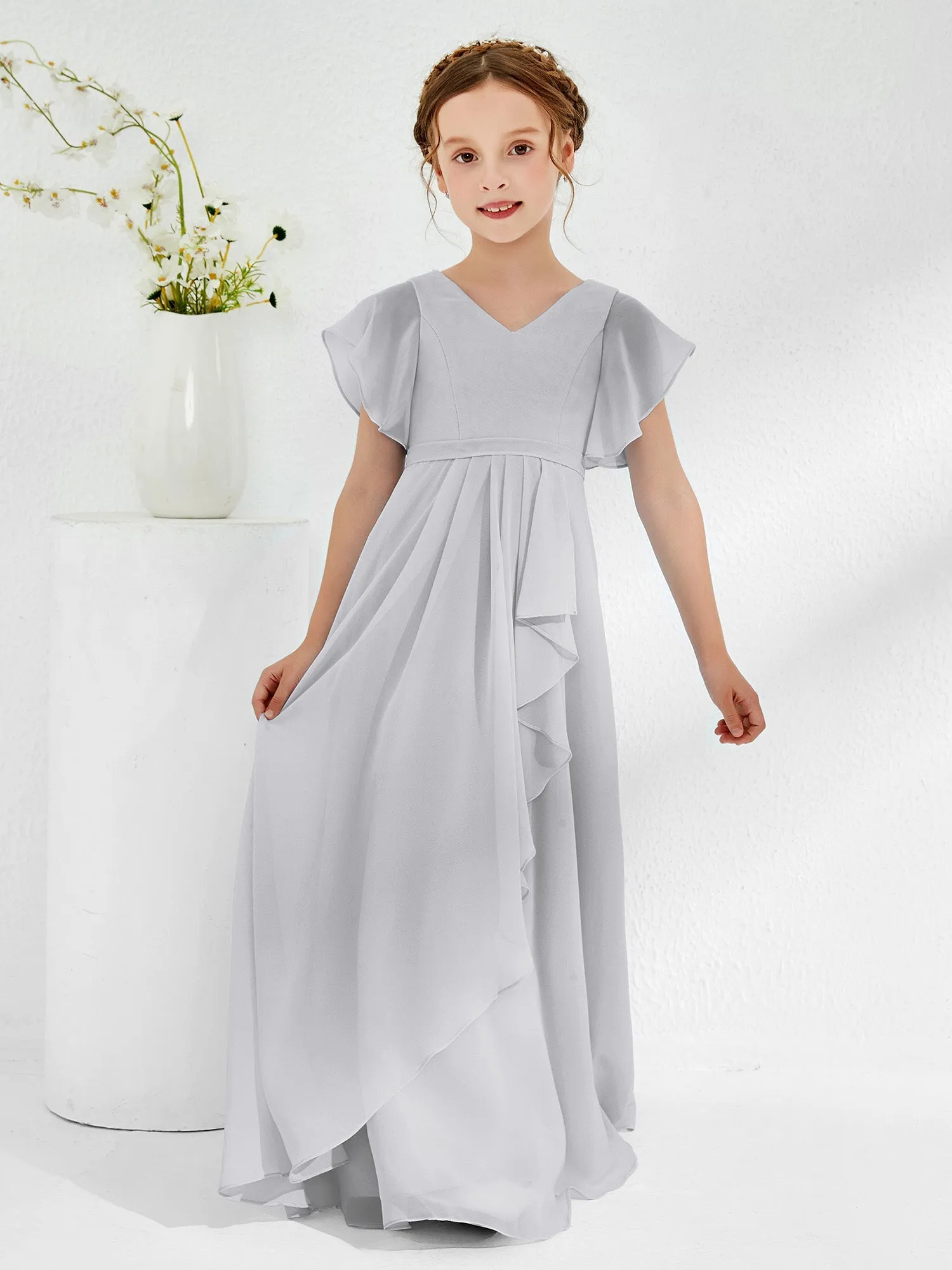 A-line Flutter Sleeves Junior Bridesmaid Dresses Silver