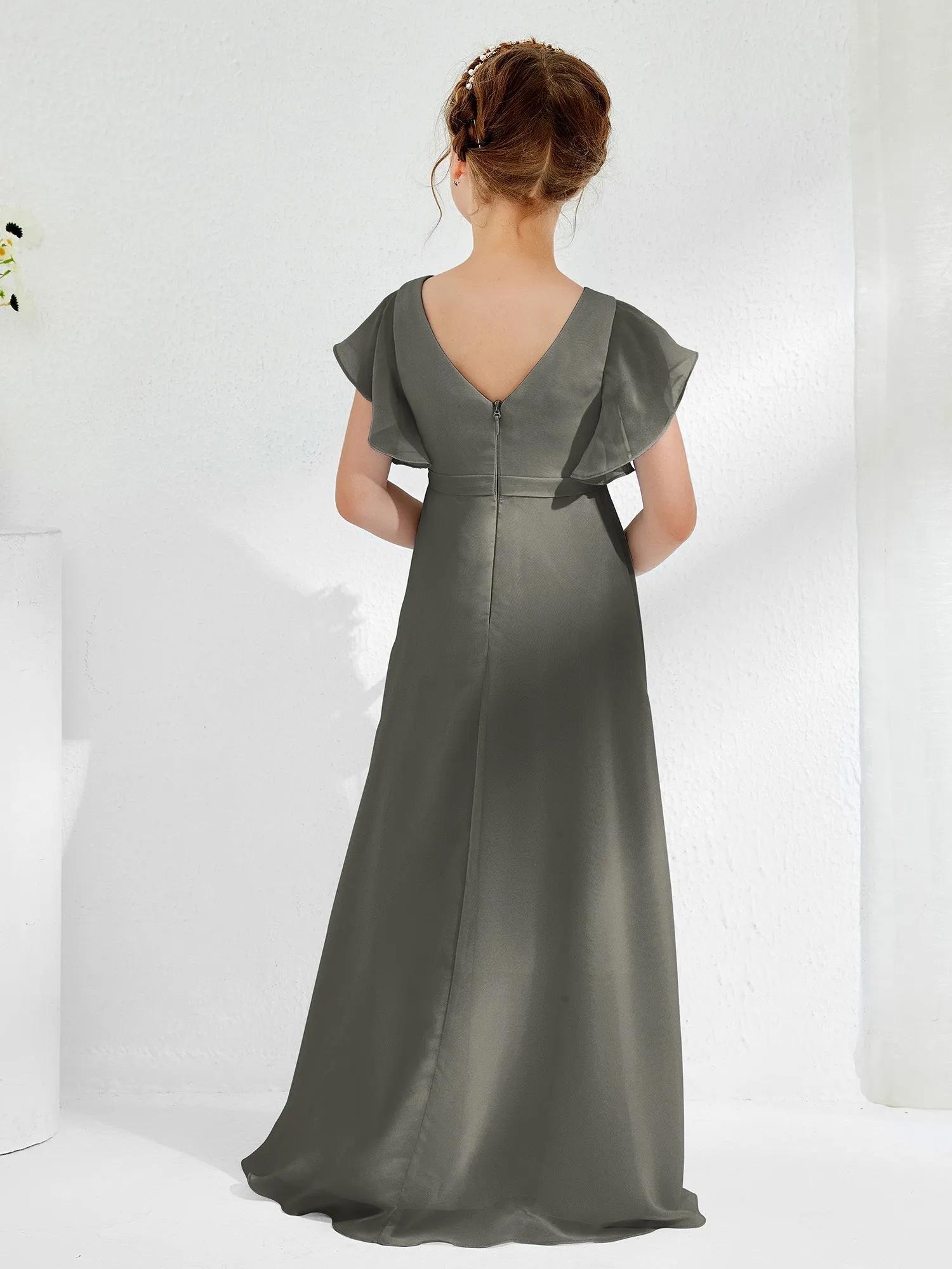 A-line Flutter Sleeves Junior Bridesmaid Dresses Steel Grey