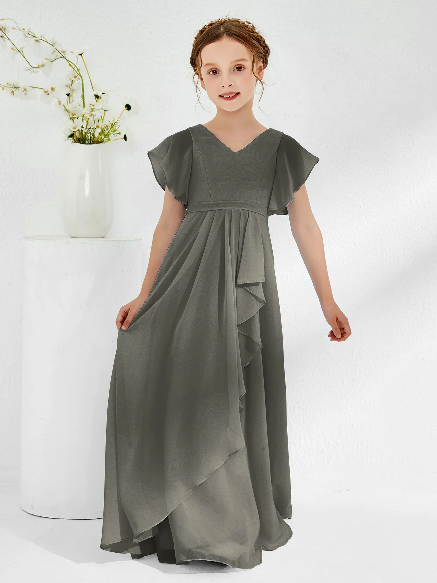 A-line Flutter Sleeves Junior Bridesmaid Dresses Steel Grey