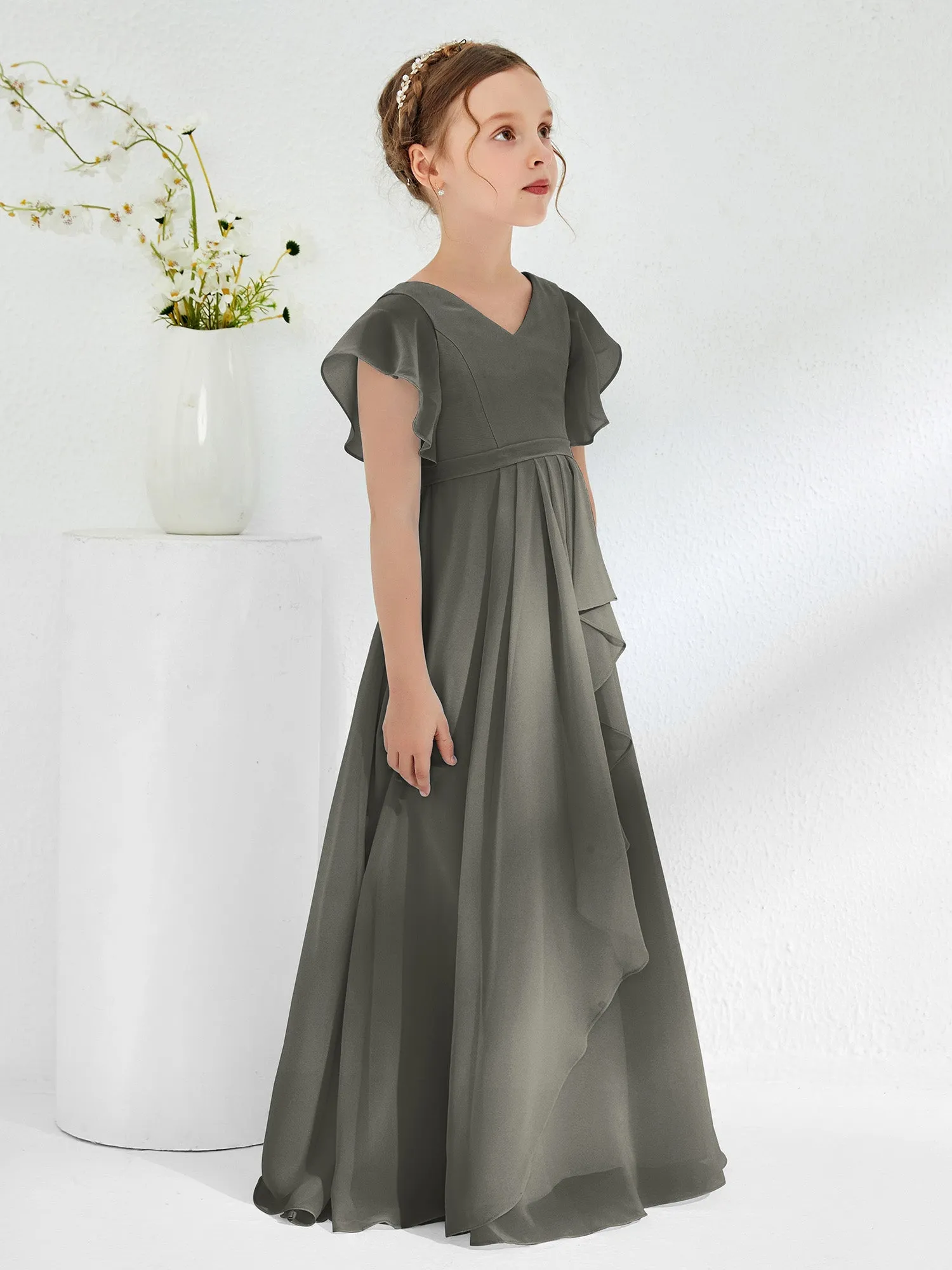 A-line Flutter Sleeves Junior Bridesmaid Dresses Steel Grey