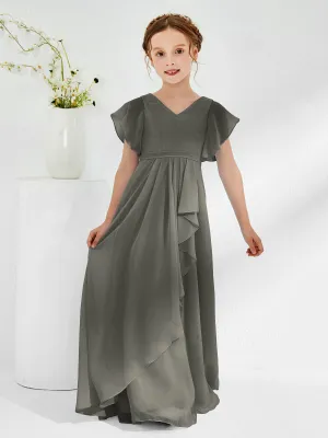 A-line Flutter Sleeves Junior Bridesmaid Dresses Steel Grey