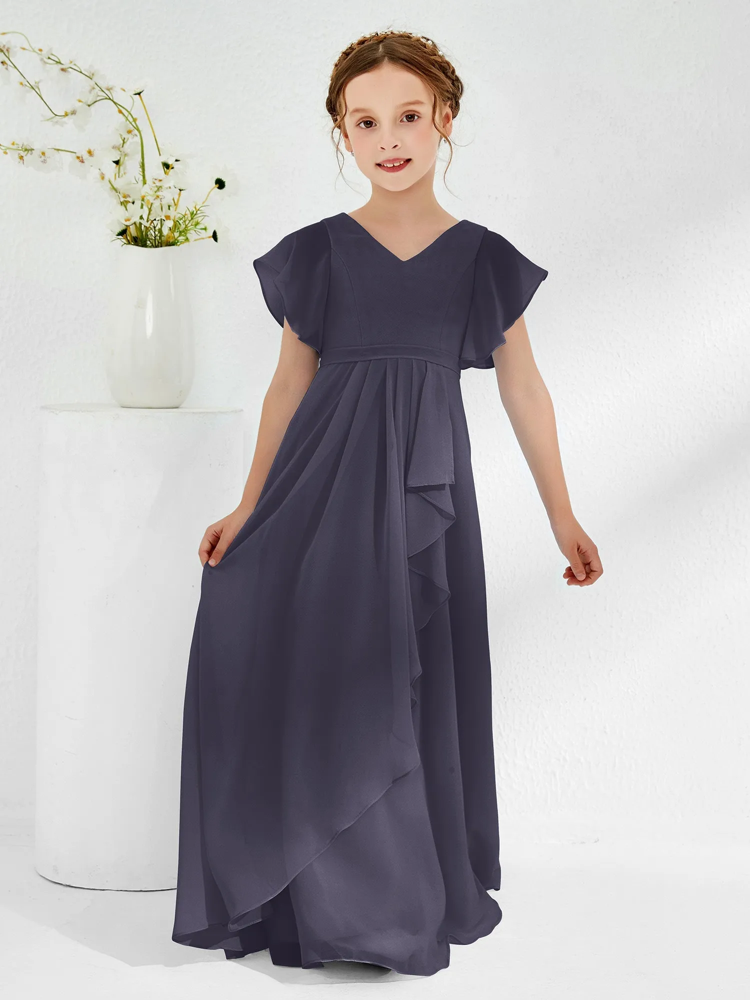 A-line Flutter Sleeves Junior Bridesmaid Dresses Stormy