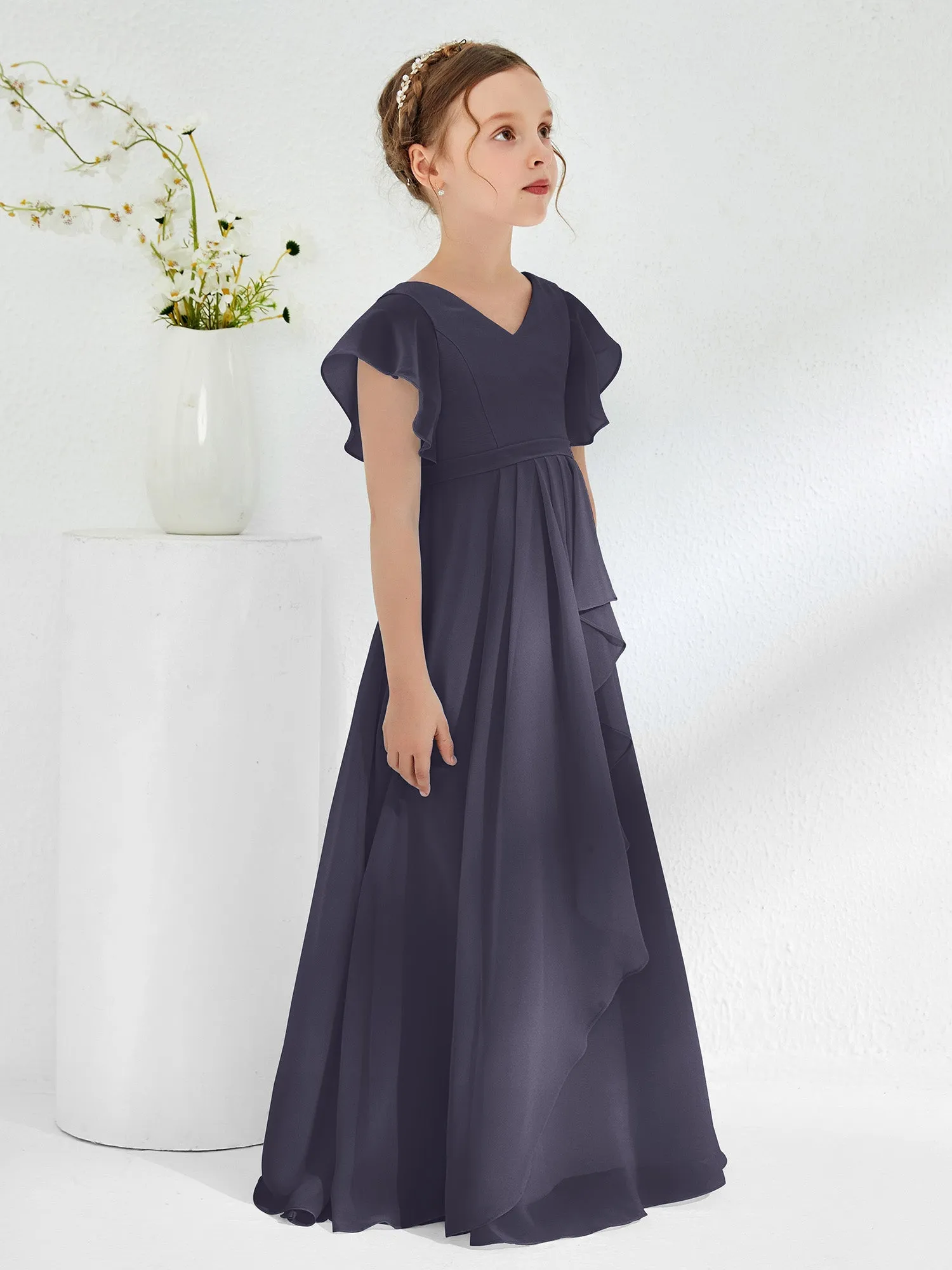 A-line Flutter Sleeves Junior Bridesmaid Dresses Stormy