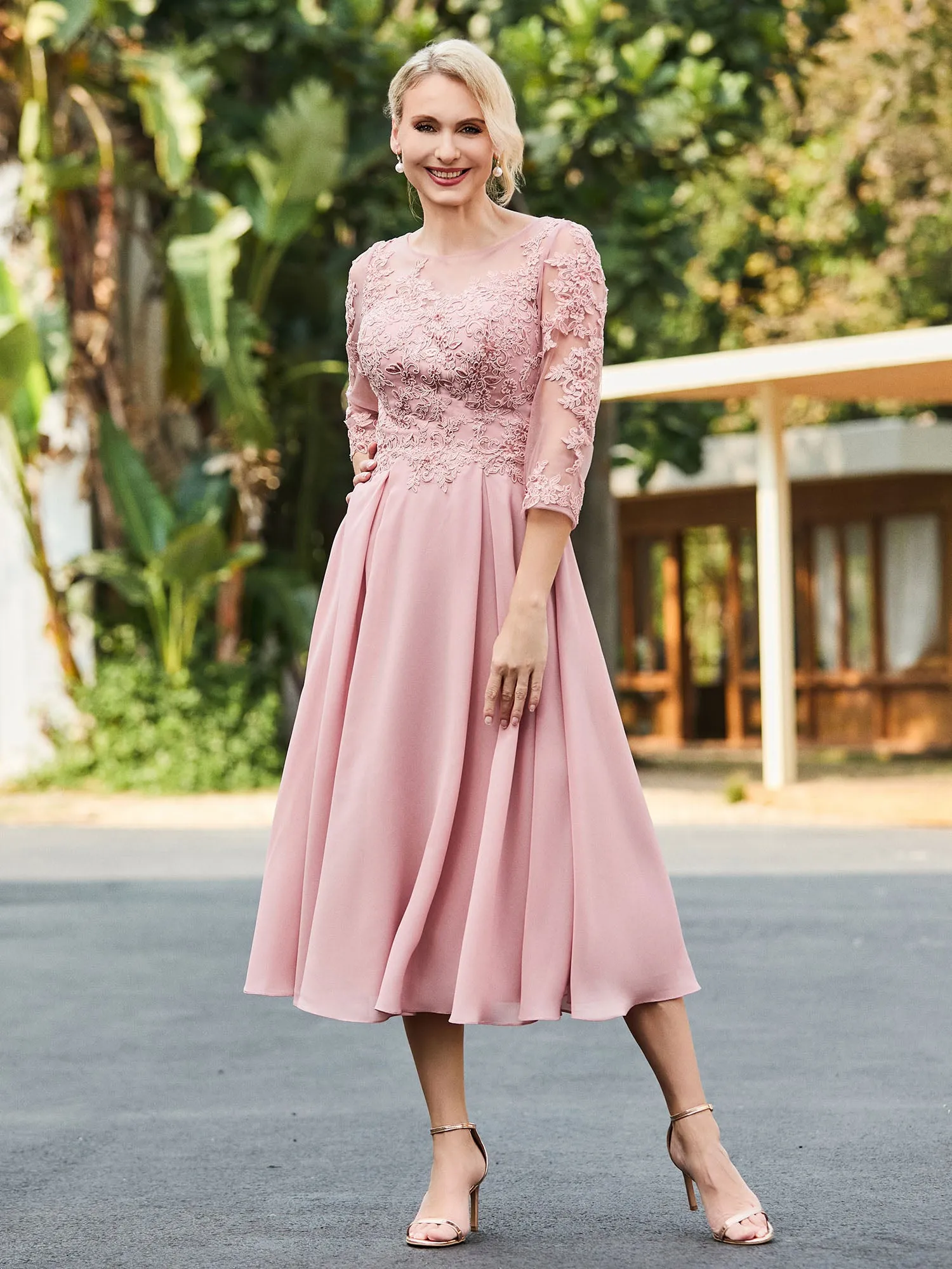 A-line Lace Appliqued Tea-length Dress Dusty Rose