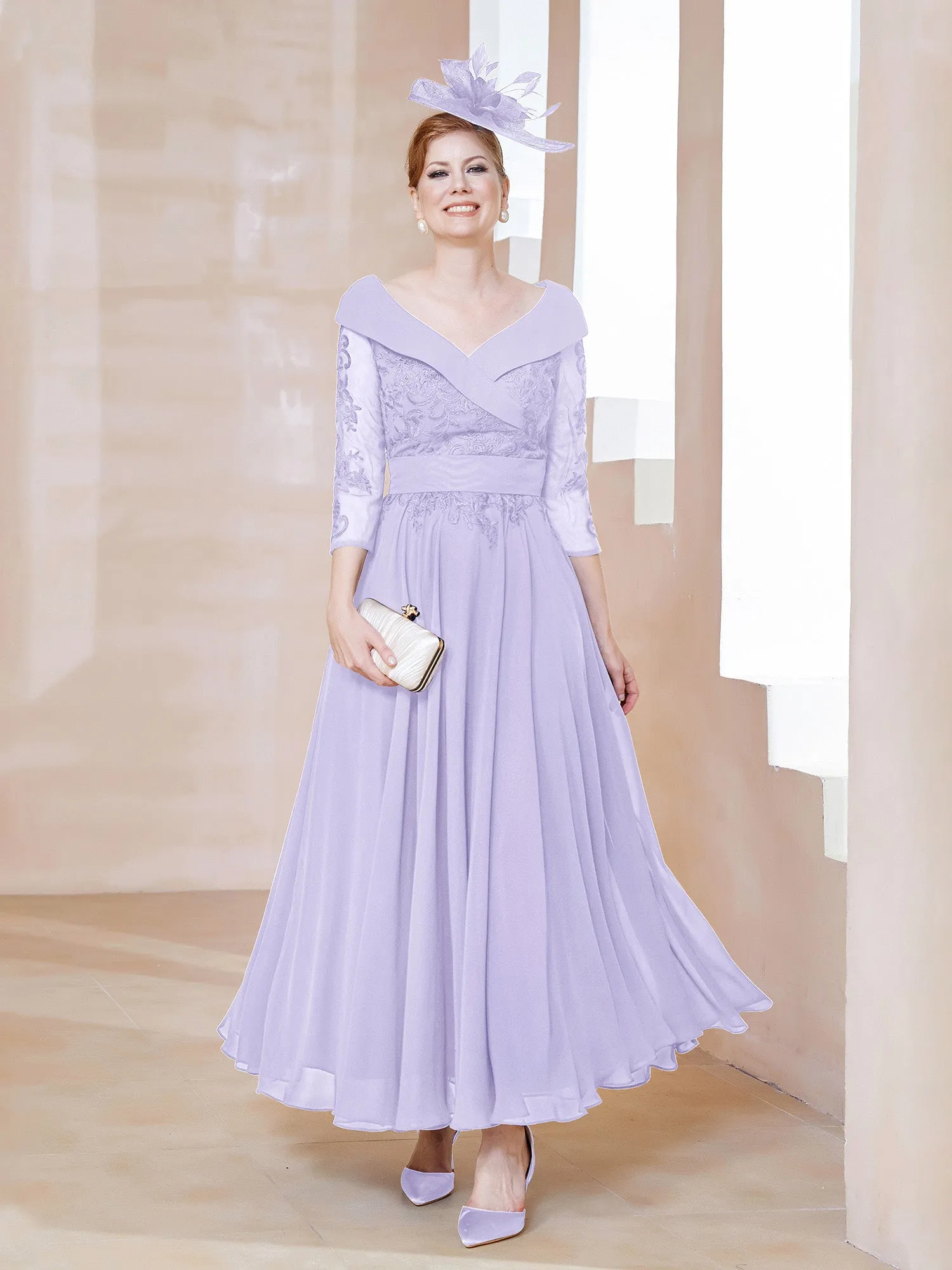 A-line V-neck Appliqued Chiffon Dress Lilac