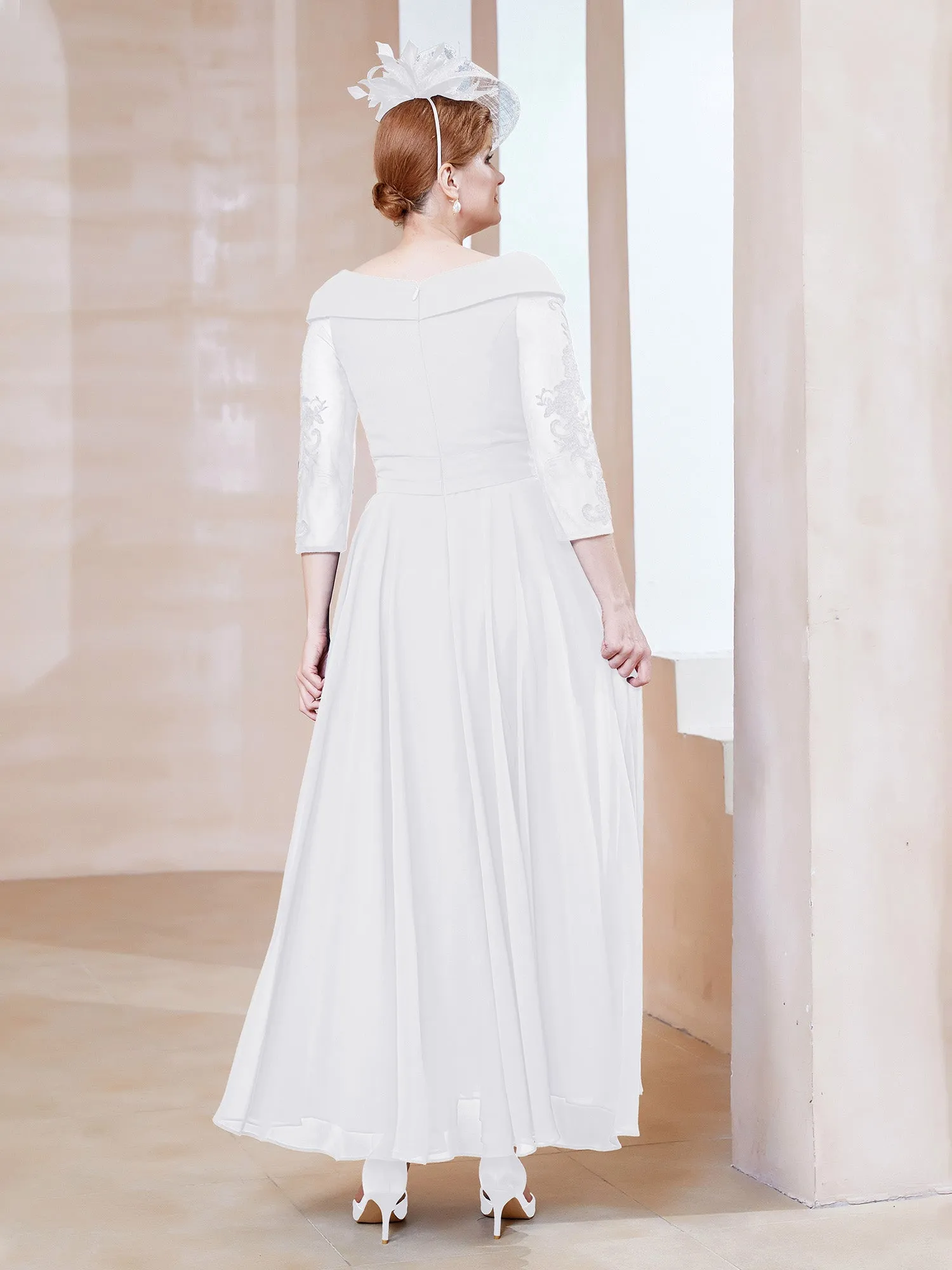 A-line V-neck Appliqued Chiffon Dress White