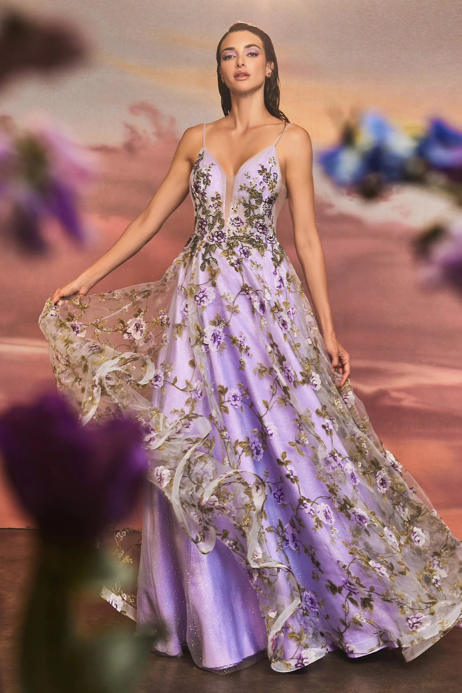 ANDREA & LEO A1135 Floral Printed Deep V Neck A Line Dress
