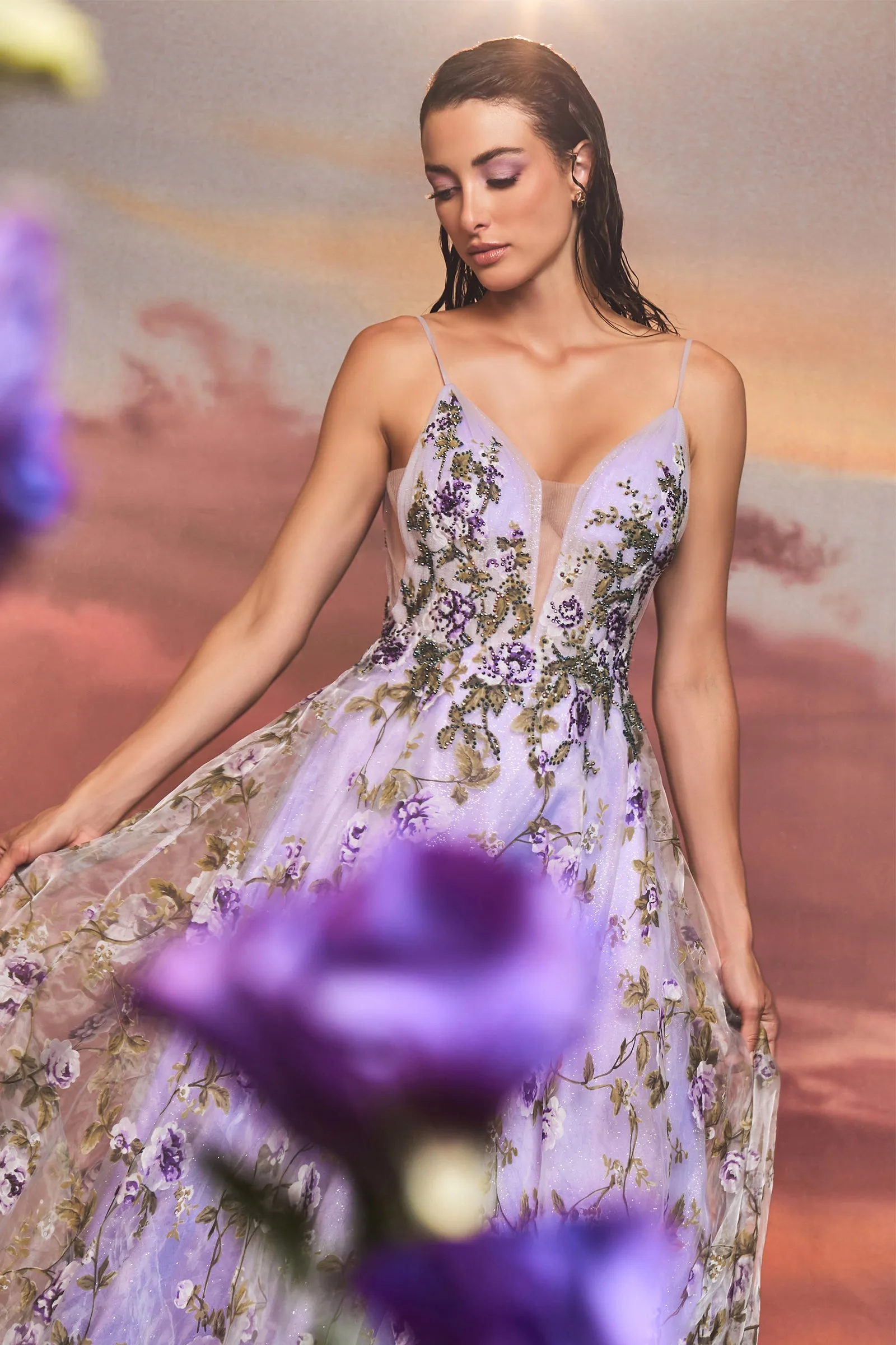 ANDREA & LEO A1135 Floral Printed Deep V Neck A Line Dress