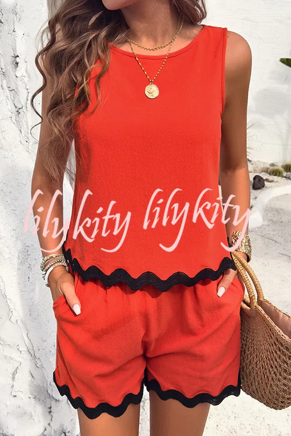 Casual Wavy Edge Buttoned Elastic Waist Shorts Set