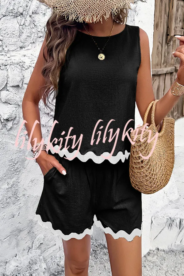 Casual Wavy Edge Buttoned Elastic Waist Shorts Set