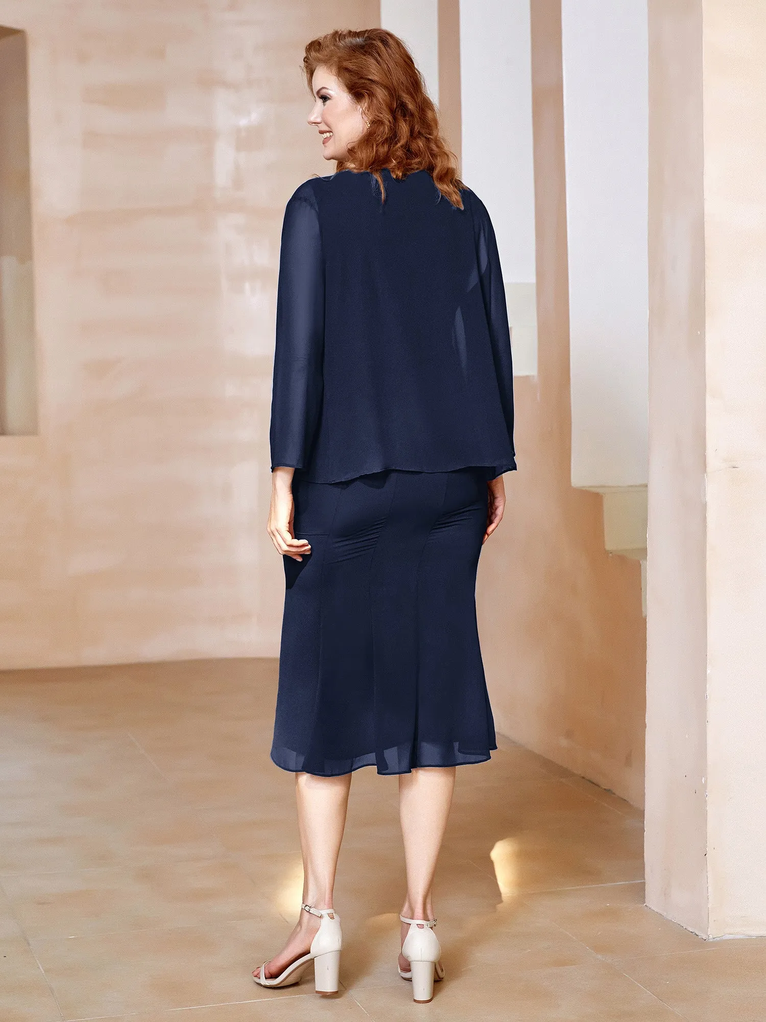 Chiffon Beaded Tea-length Dress with Jacket Dark Navy