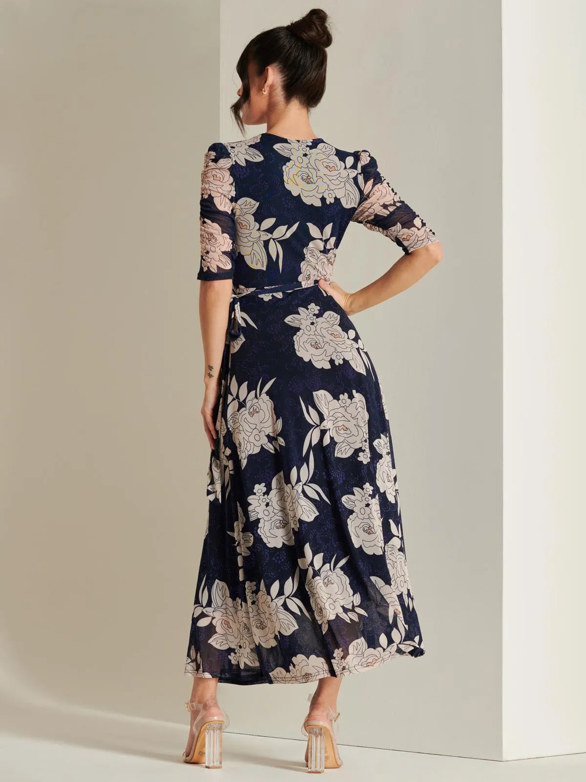 Daliyah Wrap Front Mesh Maxi Dress, Navy Floral