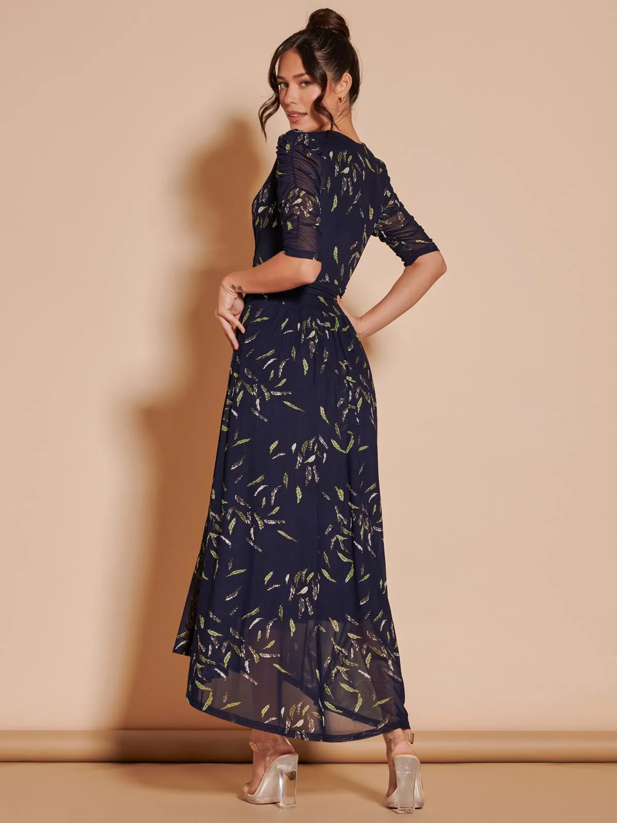 Dasha Ruched Sleeved Mesh Maxi Dress, Navy Leafy
