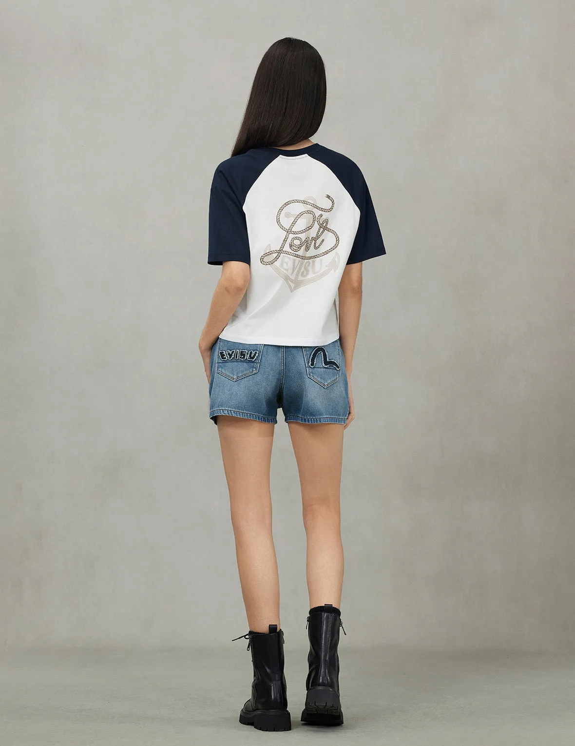 Deconstructed Seagull and Logo Applique Relax Fit Denim Shorts