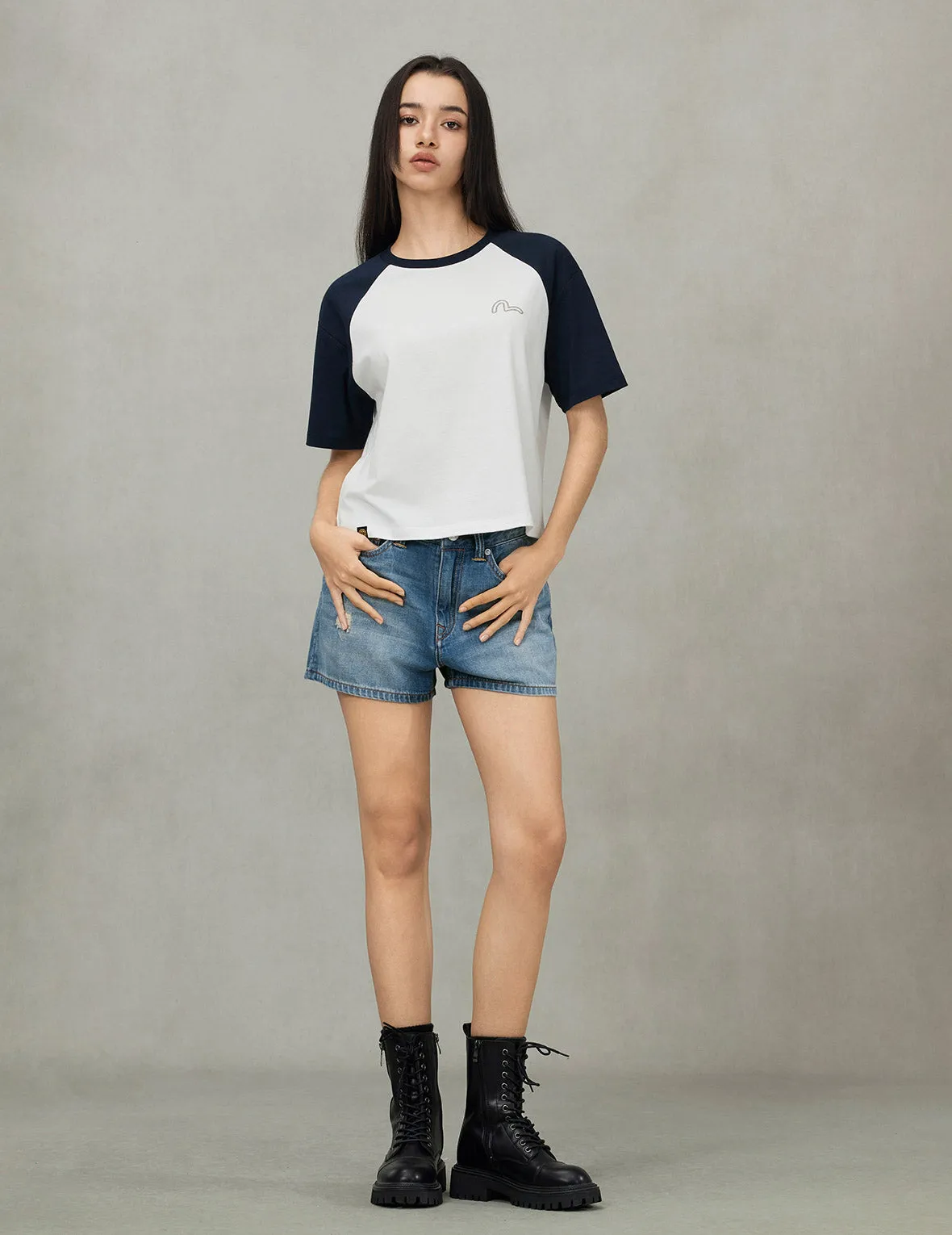 Deconstructed Seagull and Logo Applique Relax Fit Denim Shorts