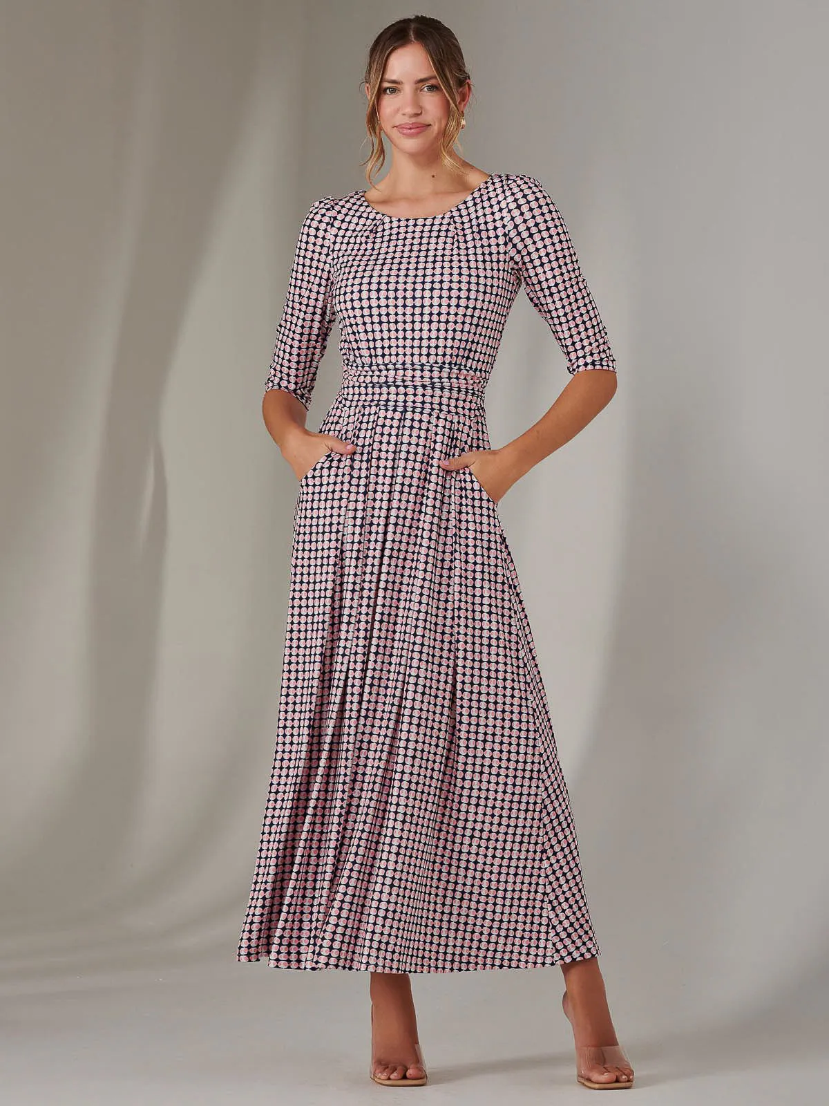 Enya 3/4 Sleeve Jersey Midaxi Dress, Pink Geo