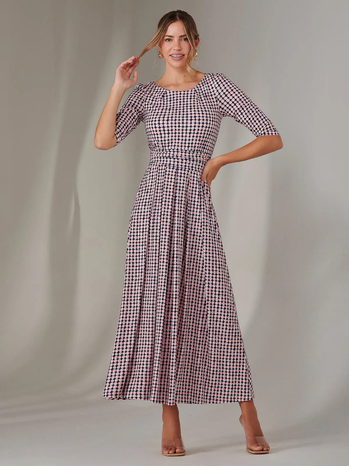 Enya 3/4 Sleeve Jersey Midaxi Dress, Pink Geo