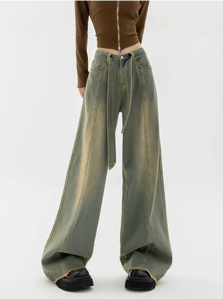 Faded Wide Leg Distressed Hem Belted Jeans