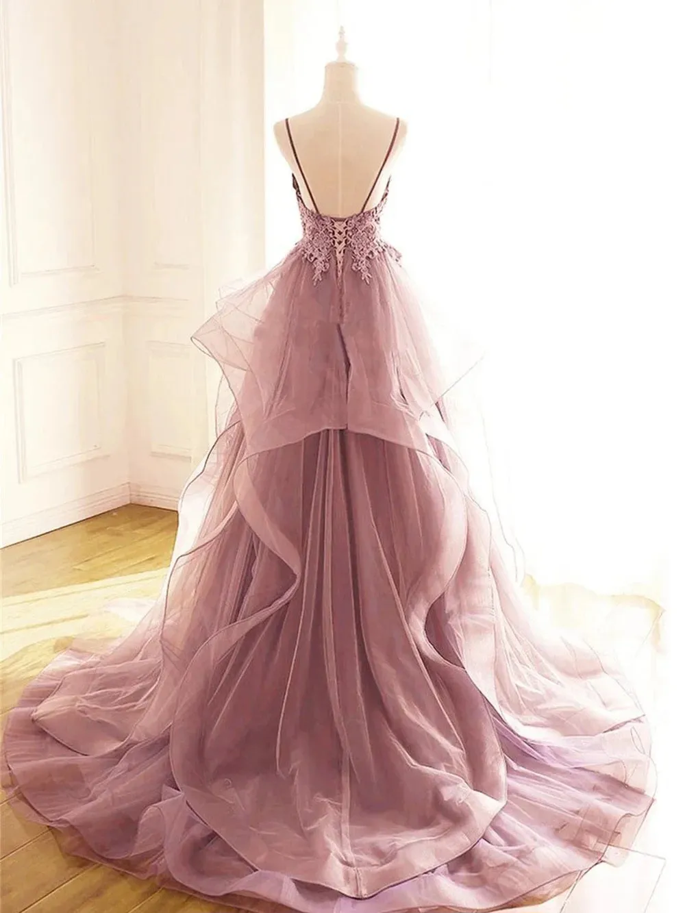 Flytonn- Beaded Lace Applique Multilayered Tulle Maxi Dress