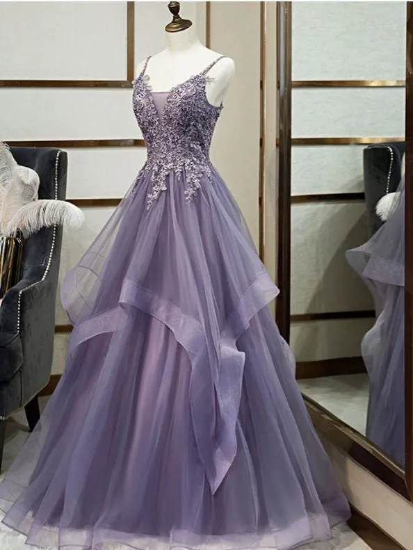 Flytonn- Beaded Lace Applique Multilayered Tulle Maxi Dress