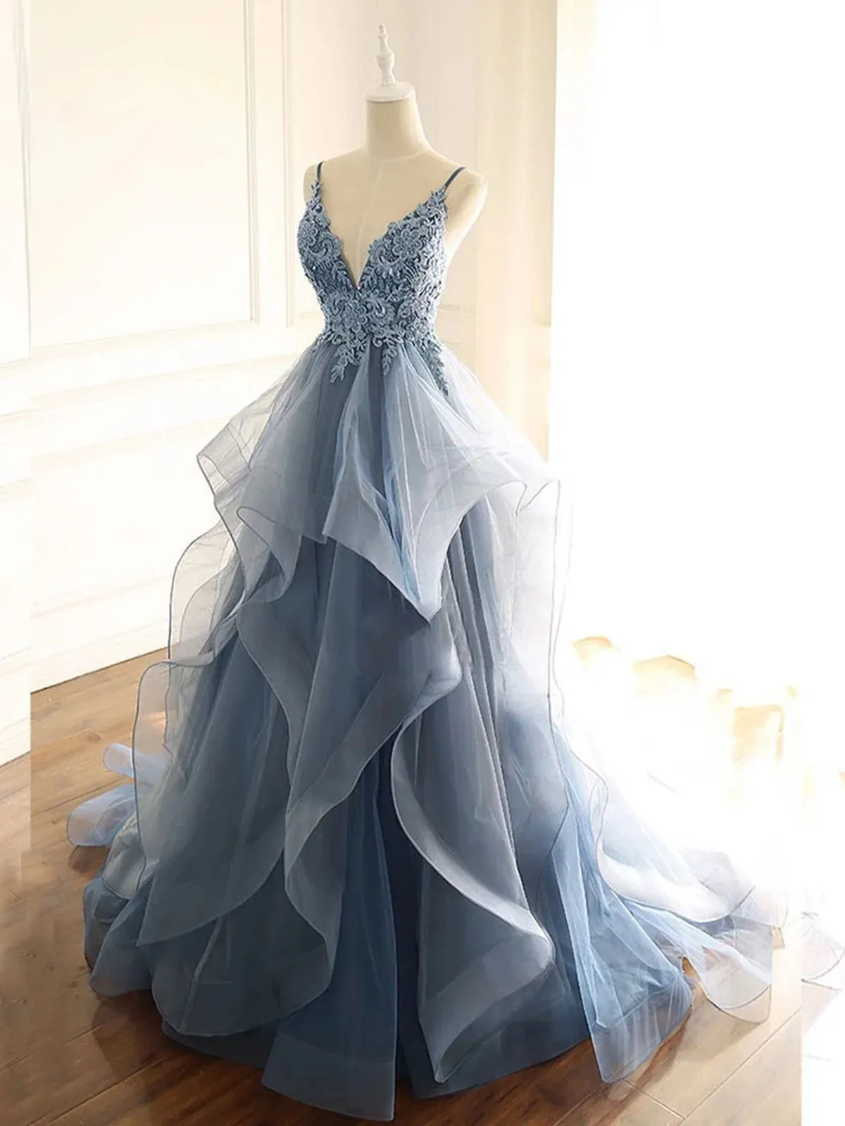 Flytonn- Beaded Lace Applique Multilayered Tulle Maxi Dress