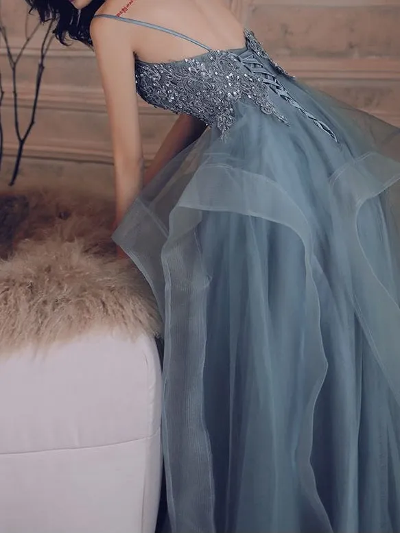 Flytonn- Beaded Lace Applique Multilayered Tulle Maxi Dress