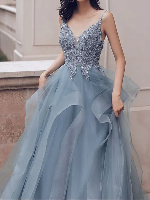 Flytonn- Beaded Lace Applique Multilayered Tulle Maxi Dress