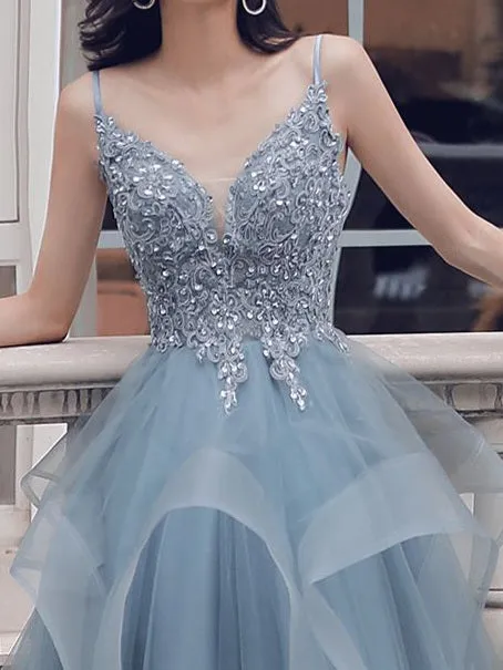 Flytonn- Beaded Lace Applique Multilayered Tulle Maxi Dress