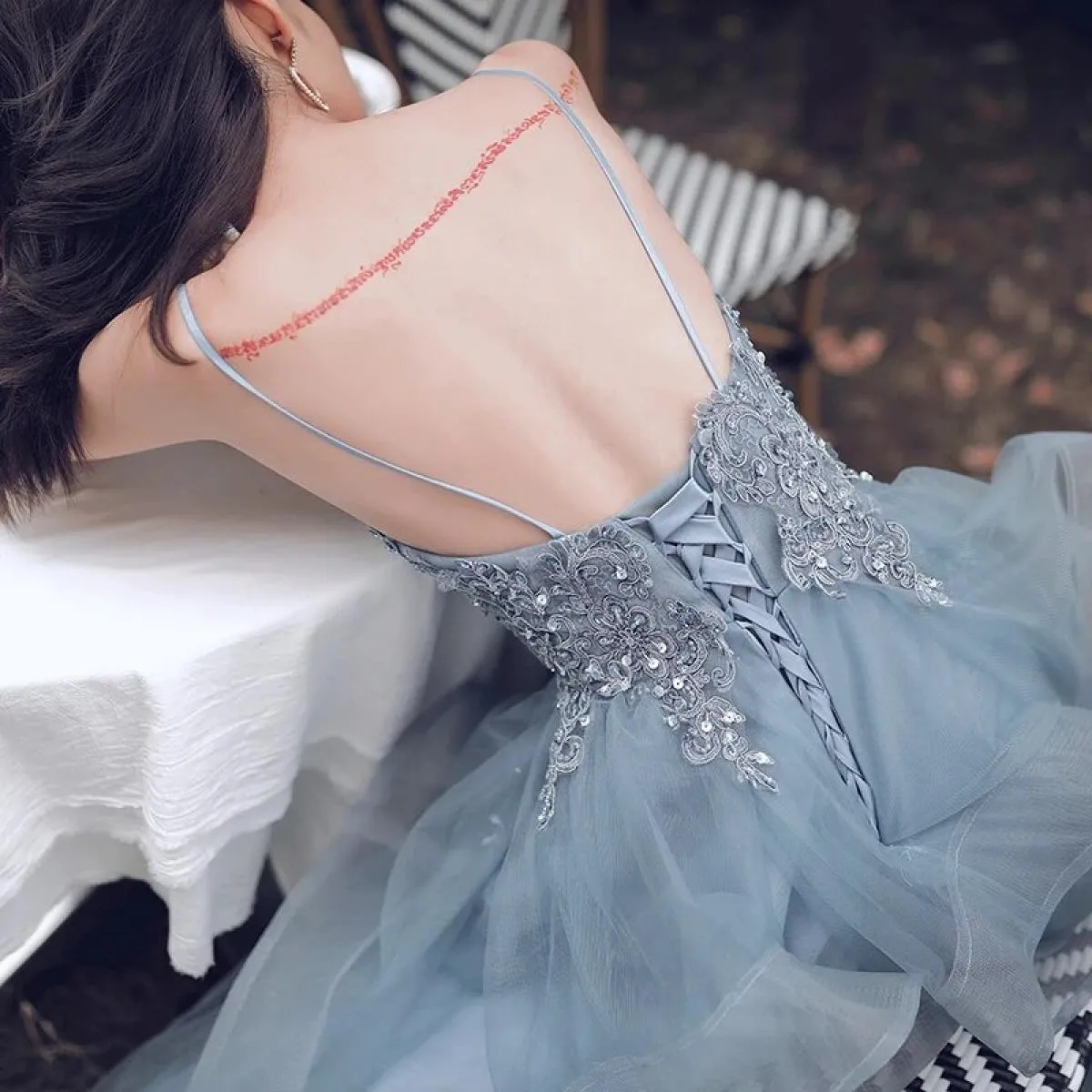 Flytonn- Beaded Lace Applique Multilayered Tulle Maxi Dress