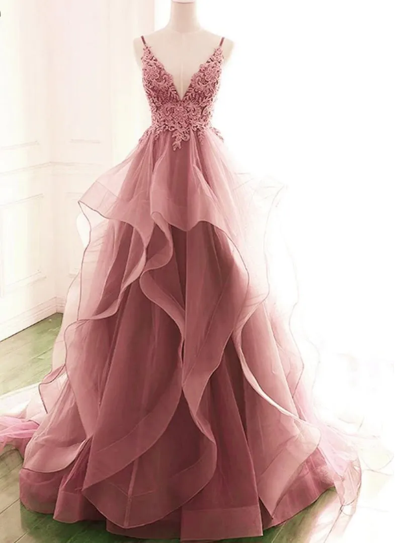 Flytonn- Beaded Lace Applique Multilayered Tulle Maxi Dress